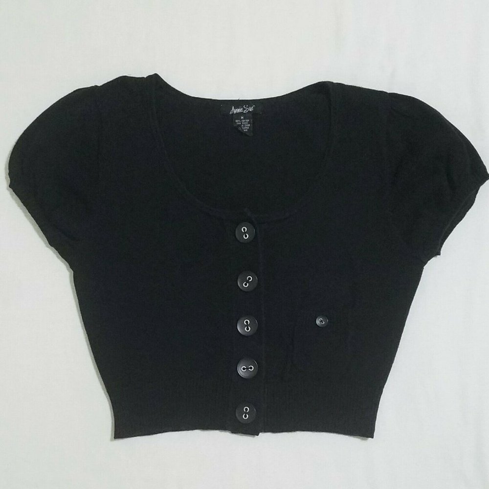 Annie Sue M Black Knit Cardigan Big Button Short